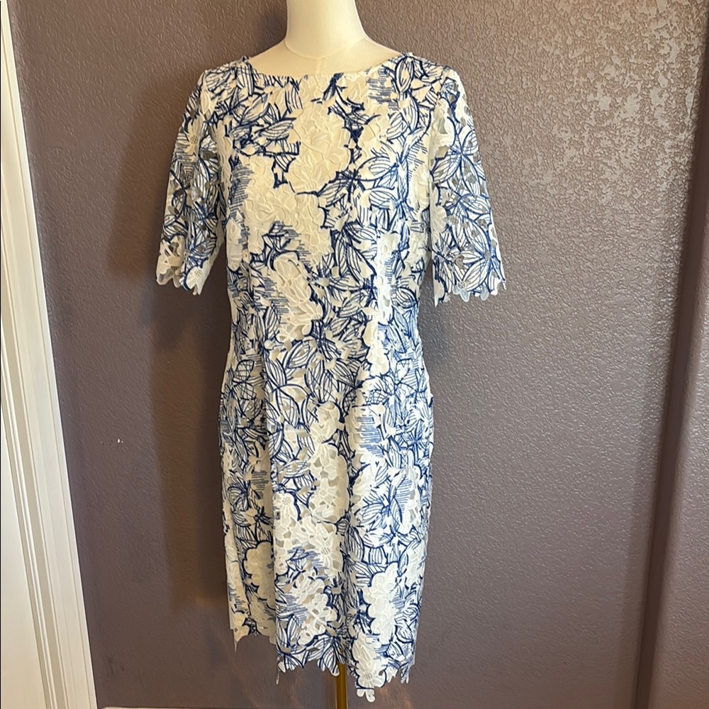 Tahari Chic Floral Dress in Blue and White